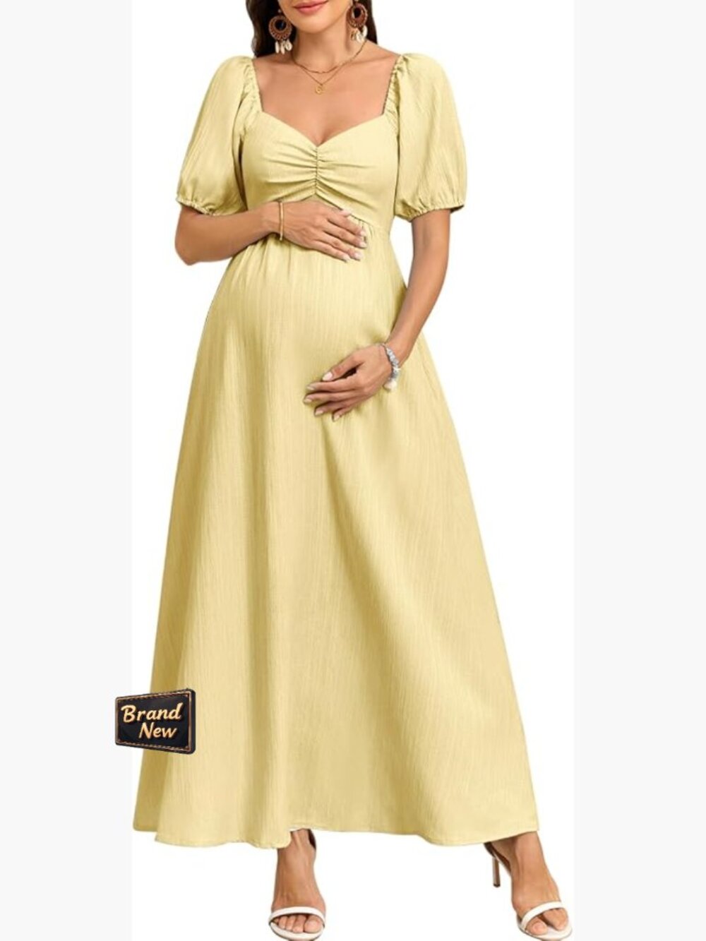 Boho Maternity Photoshoot Dress Sweetheart Neck Puff Sleeve Pleated A Line Maxi